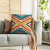 18 x 18 Square Cotton Accent Throw Pillow; Aztec Tribal Inspired Pattern; Trimmed Fringes; Multicolor