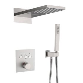 3-Spray Patterns Thermostatic Bathroom Shower Wall Mount Rainfall Dual Shower Heads Brushed Nickle (Color: Brushed Nickel)