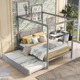 Full Size Canopy Platform Bed with Trundle,With Slat Support Leg (Color: Gray)