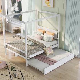 Full Size Canopy Platform Bed with Trundle,With Slat Support Leg (Color: White)