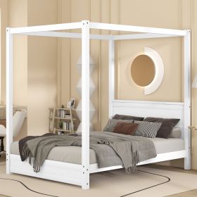 Full Size Canopy Platform Bed with Headboard and Support Legs (Color: White)